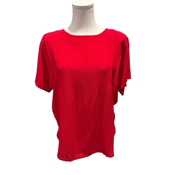 Vintage 80s Silk Short Sleeve Red Pintuck Blouse W/ Shoulder Pads Womens Medium - Picture 1 of 10
